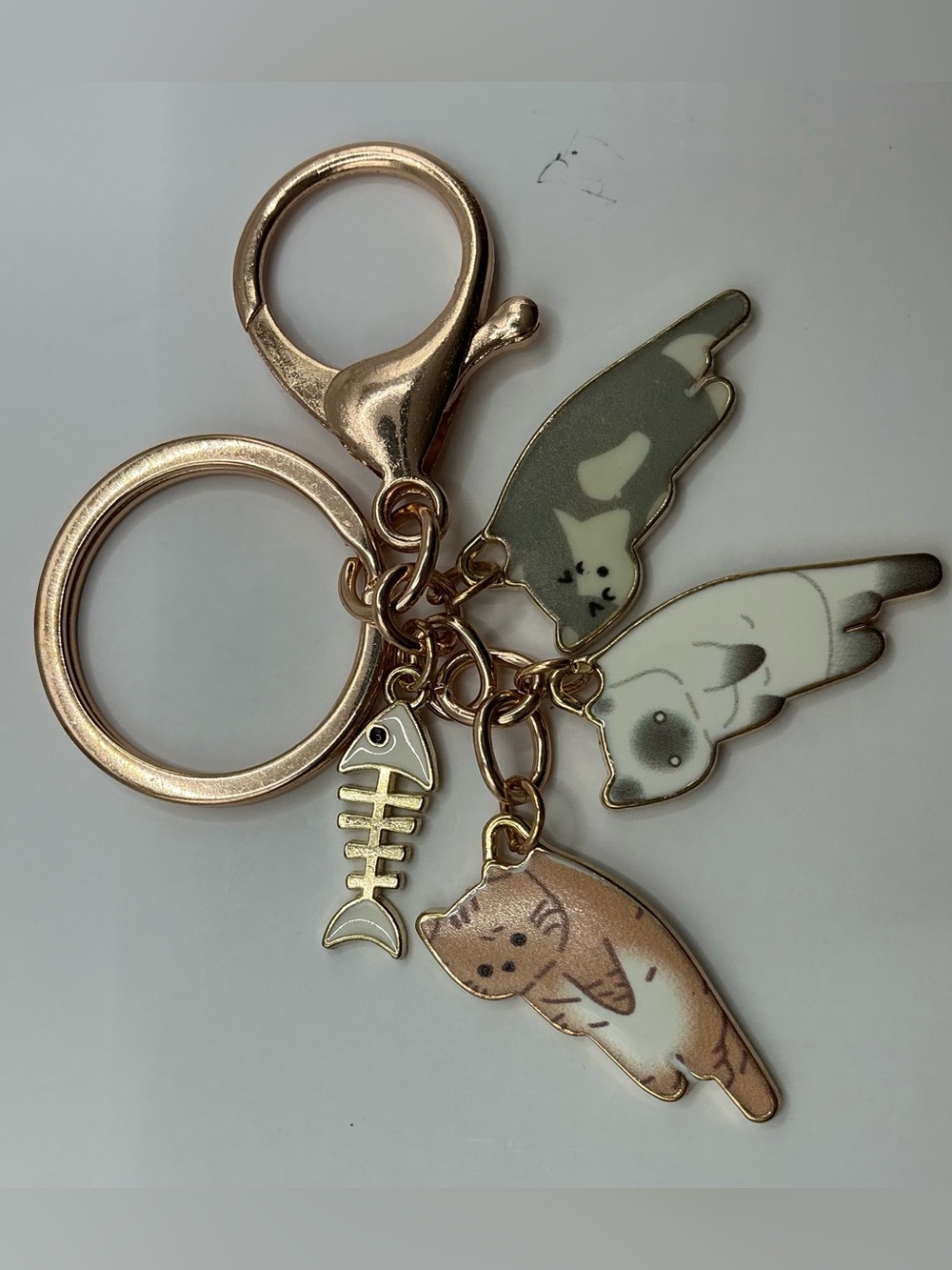 CUTE ENAMEL CAT FISH BONE CHARM BAG CHARM GOLD TONE KEY CHAIN NWOT